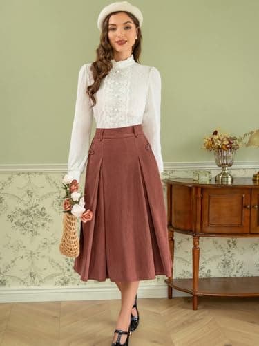 Vintage Corduroy A-line Midi Skirt for Women with Elastic Waist and Pockets