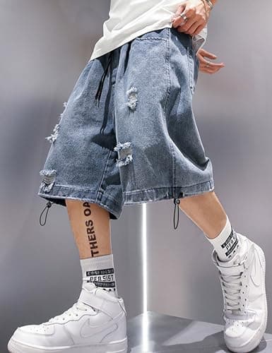 FCOOLYEET Mens Y2K Ripped Baggy Shorts Aesthetic Jeans