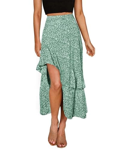 BTFBM Women's 2025 Summer Floral Print Elastic Waist High-Low Boho Maxi Skirt — Print Floral Green