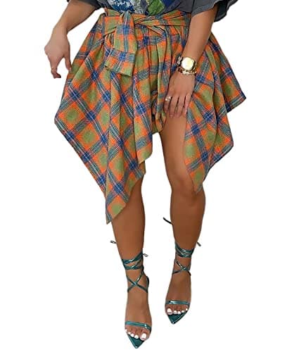 Atyfuniby Women's High Waisted Plaid Mini Skater Skirt with Knot Front — Orange Blue