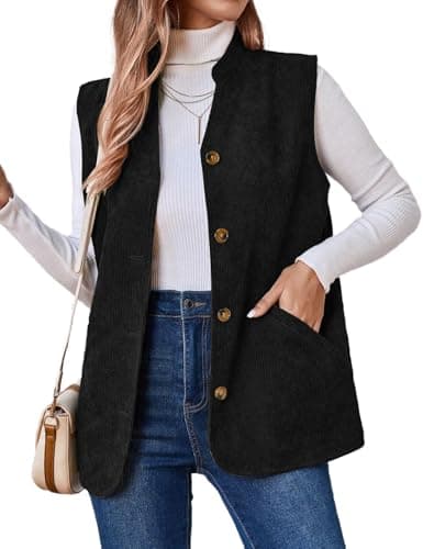 IDEALSANXUN Women's Corduroy Vest for Fall Winter Casual Button-Up Sleeveless Tops — Black