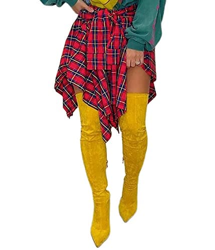Atyfuniby Women's High Waisted Plaid Mini Skater Skirt with Knot Front — Red