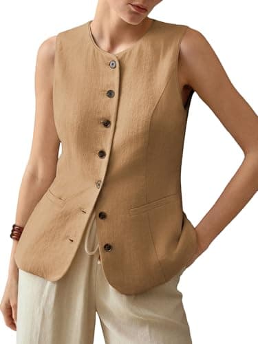 Mina Self 2025 Summer Lightweight Women's Sleeveless Linen Trendy Work Jacket with Pockets — 1-khaki
