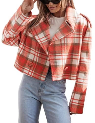 Stylish Plaid Cropped Blazers for Women (Fall/Winter) — Orange White