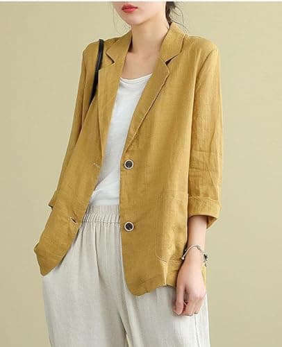 YOUNIFIZ Women's Linen 3/4 Sleeve Notch Lapel Summer Casual Blazer Jackets with Pockets