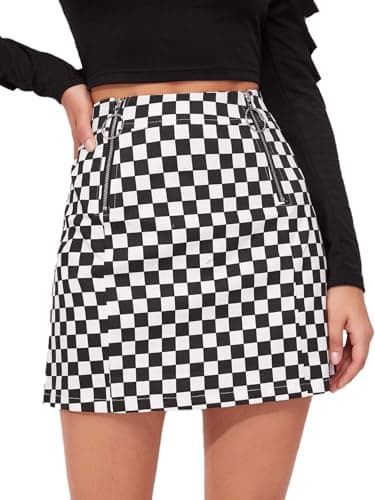 WDIRARA Women's Elegant Mid-Waist Plaid O-Ring Zipper Mini Skirt