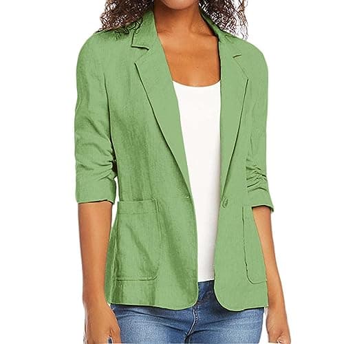 Women's Cotton Linen 3/4 Sleeve Open Front Blazer Jacket — Green