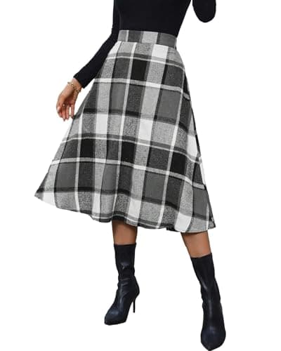 Pemieer High Waist Wool A-Line Tartan Midi Skirts