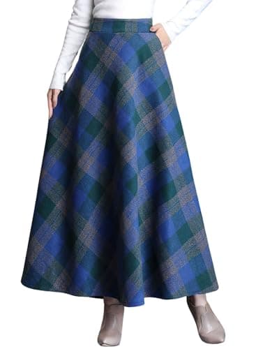 Leyoutx Women's Winter Warm Wool Plaid Maxi Skirts with Pockets — Blue