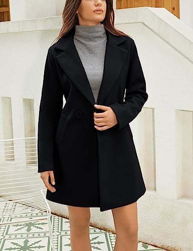Springrain Women's Wool Pea Coat Notched Collar Midi Trench Coat