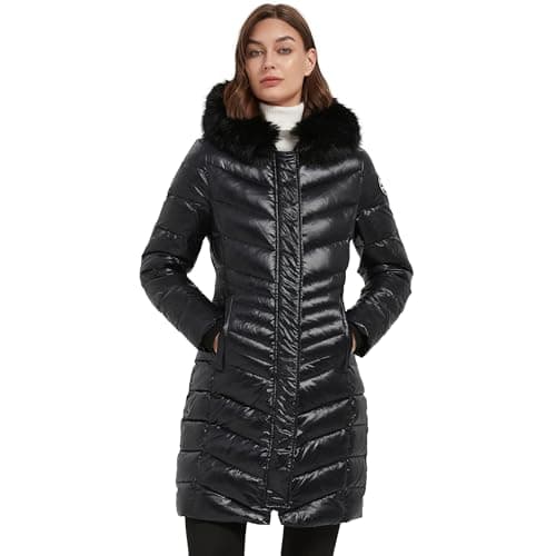Molemsx Women's Thick Faux Fur Parka Jacket, Warm Hooded Down Alternative XS-XXL — Brilliant Black Style C Down