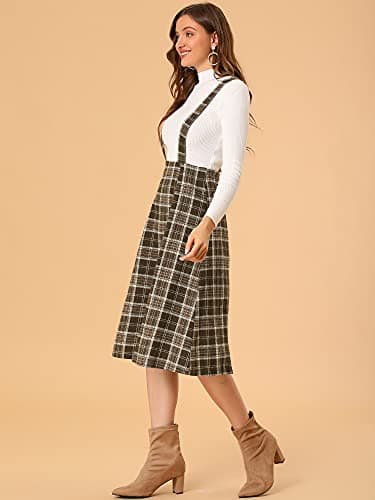Allegra K Women's Vintage Tartan Suspender Midi Dress High Waist A-Line
