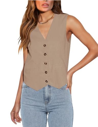 Floral Find Women's Casual Sleeveless V-Neck Business Vest with Pocket — Khaki