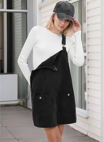 YUENIU Women's Stylish Corduroy Overall Dress with Adjustable Straps Pockets