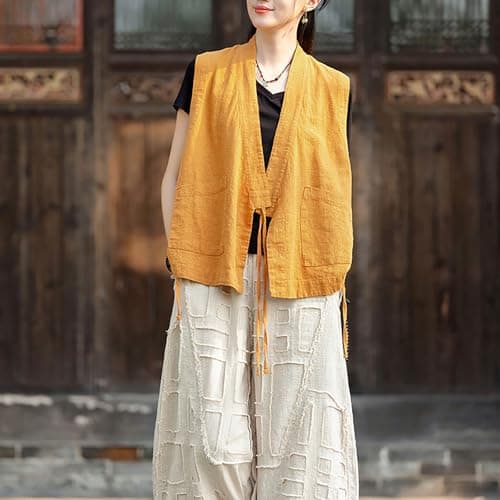 LUZU JUNU Women's Lightweight Cotton Linen Sleeveless Blazer Vest