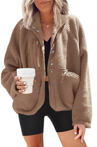 Nirovien Women's Fuzzy Fleece Button Down Sherpa Coat Winter Warm Coat — Coffee Brown