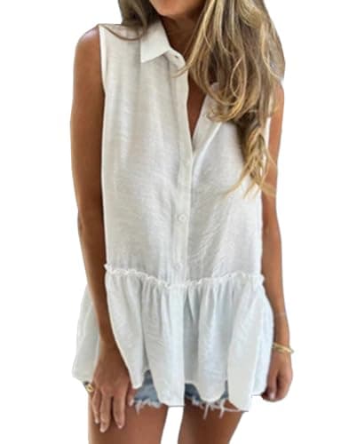 IDEALSANXUN Women's Lightweight Linen Sleeveless Tunic Shirt Vest — White