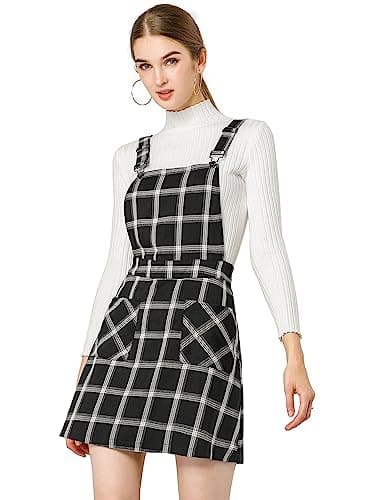 Women's Plaid Overall Dress with Adjustable Straps — Black-white