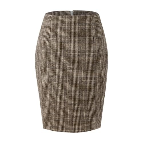 Womens High Waist Plaid Wool Bodycon Mini Skirt Slit — Light Coffee Grid