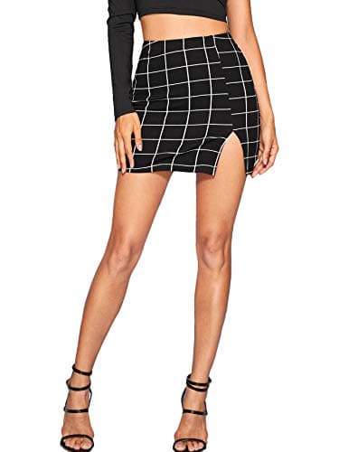 Floerns Women's High Waisted Mini Plaid Split Hem Casual Skirt