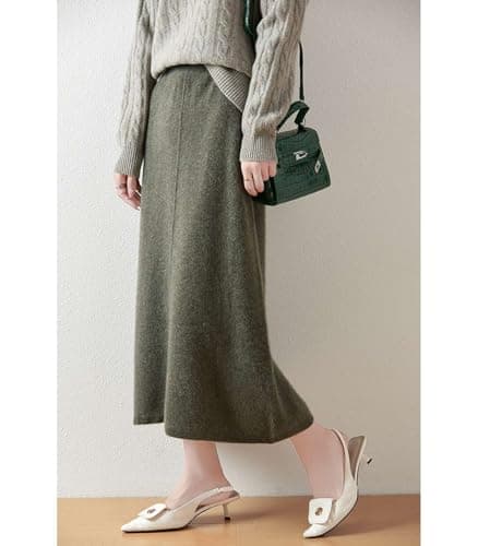 Ailaile Women's 100% Merino Wool Ribbed Knit Mid-Length Skirt for Fall & Winter