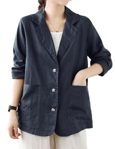 Womens Cotton Linen Blazer Casual Lightweight Suit Jackets — Navy Blue
