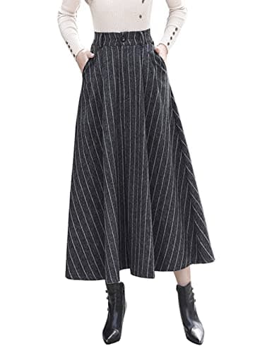 IDEALSANXUN Women's High Waist Vintage Pleated Long Wool Skirts — Grey/Striped