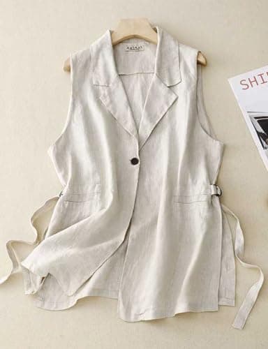 IDEALSANXUN Women's Oversized Cotton Linen Sleeveless Blazer Waistcoat