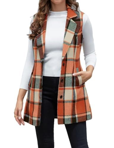 IDEALSANXUN Women's Plaid Sleeveless Blazer Jacket for Fall Winter — Orange