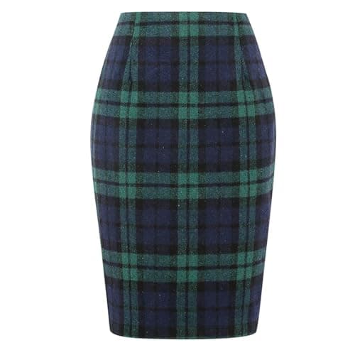 Yuemengxuan Women's Wool Plaid High Waist A-line Skirt — Midi Length Dark Green