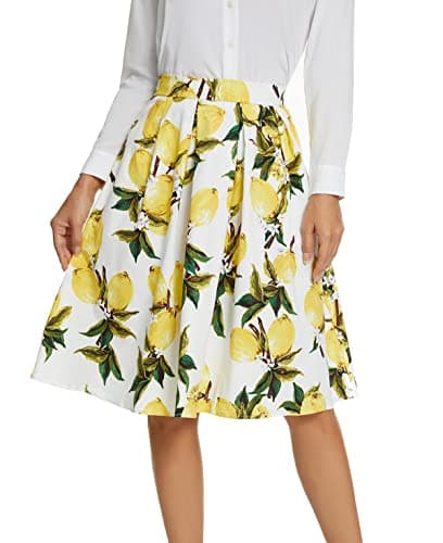 Tandisk Women's Vintage Printed Flared Midi Skirt with Pockets — Lemon Flower