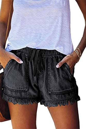 GOLDPKF Women's Mid-Waist Frayed Stretch Denim Shorts — A-black
