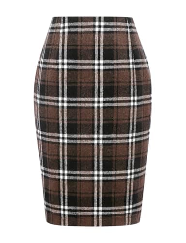 Womens Plaid Wool Pencil Skirt for Fall and Winter — Coffee