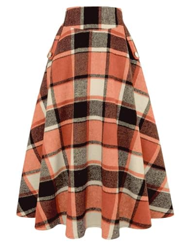 Women's High Waisted Wool Plaid A-line Skirt for Fall/Winter — Plaid Orange New
