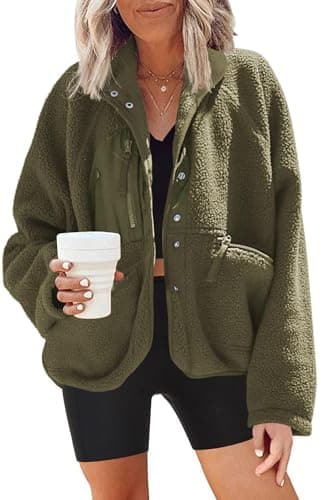 Nirovien Women's Fuzzy Fleece Button Down Sherpa Coat Winter Warm Coat — Army Green