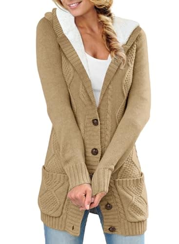 Sidefeel Women's Hooded Fleece Cardigan Winter Coat with Pockets — Hooded Light Khaki