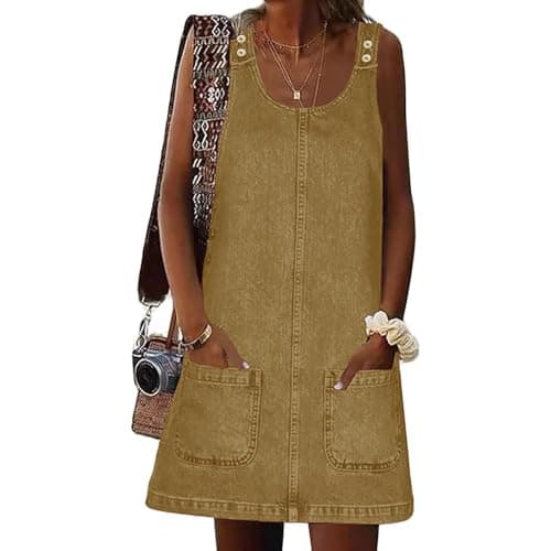 HUEOBIR Denim Overall Dress for Women Round Neck Skirtall Jean — Khaki