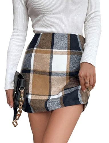CYCLAMEN Women's High Waisted Wool A Line Midi Plaid Skirt — A Brown