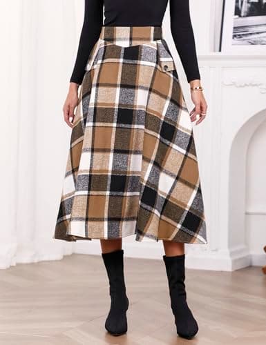 Women's High Waisted Wool Plaid A-line Skirt for Fall/Winter