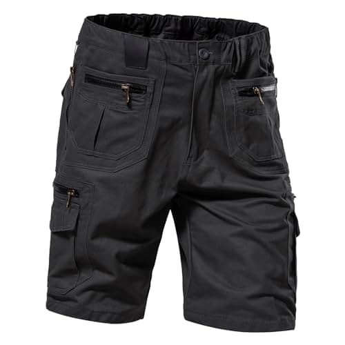Mylldey Mens Regular Fit Elastic Waist 12 Pockets Cotton Cargo Shorts — Darkgrey