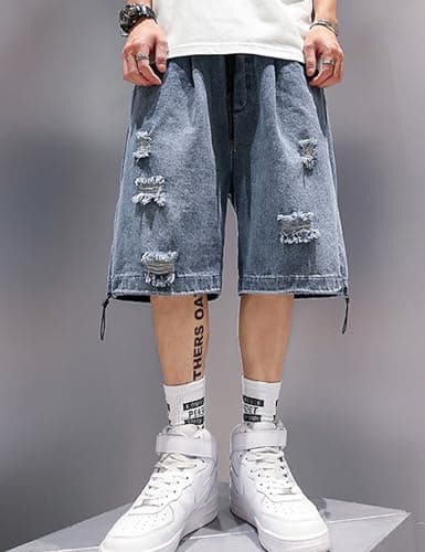 FCOOLYEET Mens Y2K Ripped Baggy Shorts Aesthetic Jeans