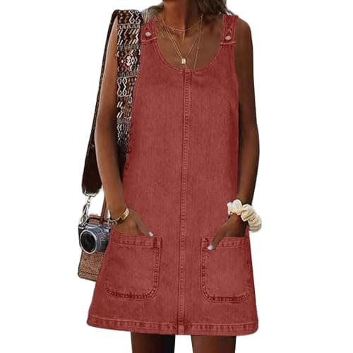 HUEOBIR Denim Overall Dress for Women Round Neck Skirtall Jean — Denim Rose Red