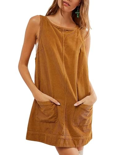 Hooever Women's Corduroy Overall Mini Dress with Pockets — Khaki