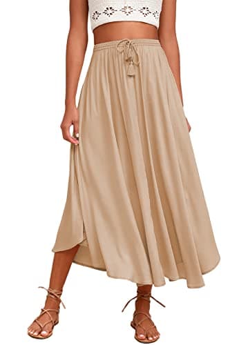 Zeagoo Women's High-Waisted Elastic Midi Skirt with Brown Leaf Print XXL — Light Khaki
