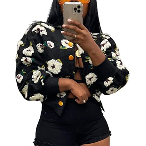 HOULENGS Women's Cropped Floral Fleece Bomber Jacket for Winter Warmth — White