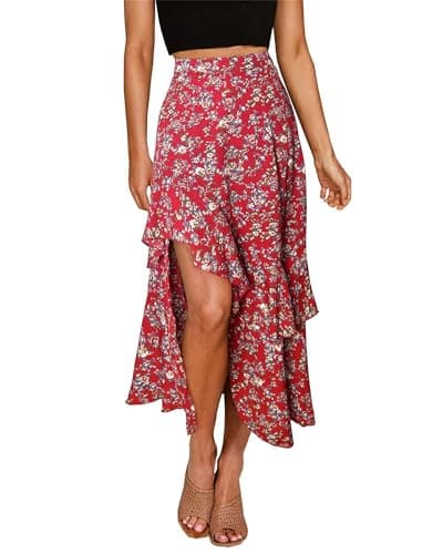 BTFBM Women's 2025 Summer Floral Print Elastic Waist High-Low Boho Maxi Skirt — Print Floral Red