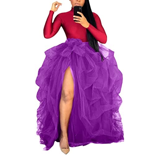 Women's Tulle Maxi Skirt with High Waist and Ruffle - A-Line Floor Length Wedding Skirt — Purple
