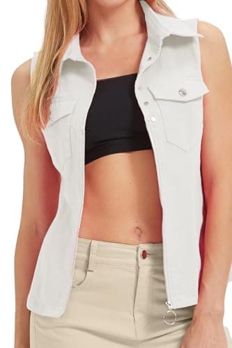 LIYEZ Women's Sleeveless Denim Vest with Pockets and Zipper — Color 3 White
