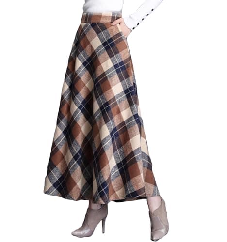 FX Women's Plaid Wool High Waist A-Line Maxi Skirt with Pockets — Khaki