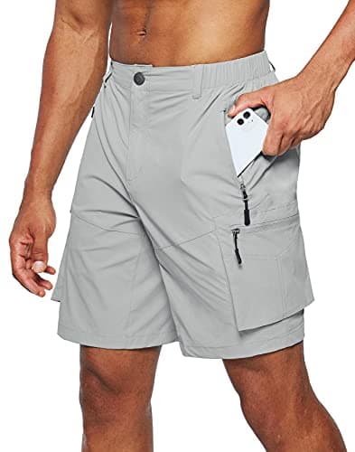 Men's Pudolla Quick-Dry Hiking Cargo Shorts with Multi Pockets for Camping and Travel — Light Grey